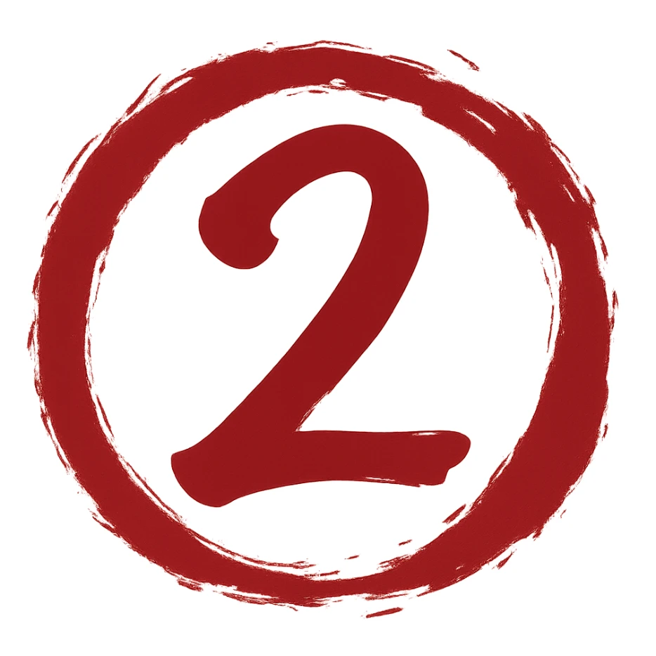 Edit the image to depict the number 2 in a Chinese Eastern style with a rich red color. The number should have a calligraphic form similar to the reference. Surround the number with a torn, smeared circular frame in the style of a Japanese enso, with edges that are highly artistic and messy. The inside of the circle should have a transparent background and no decoration. sticker
