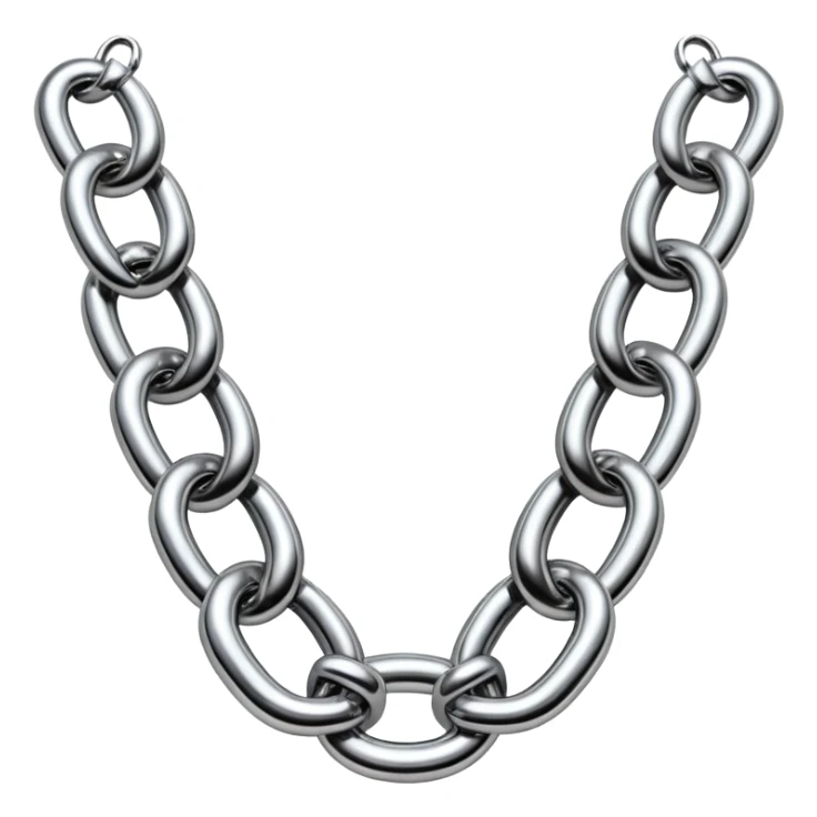 A thick luxury chain emoji made of liquid silver chrome, smooth rounded links, glossy metallic reflections, heavy swag aesthetic, minimalistic iOS emoji style, centered, clean white background sticker