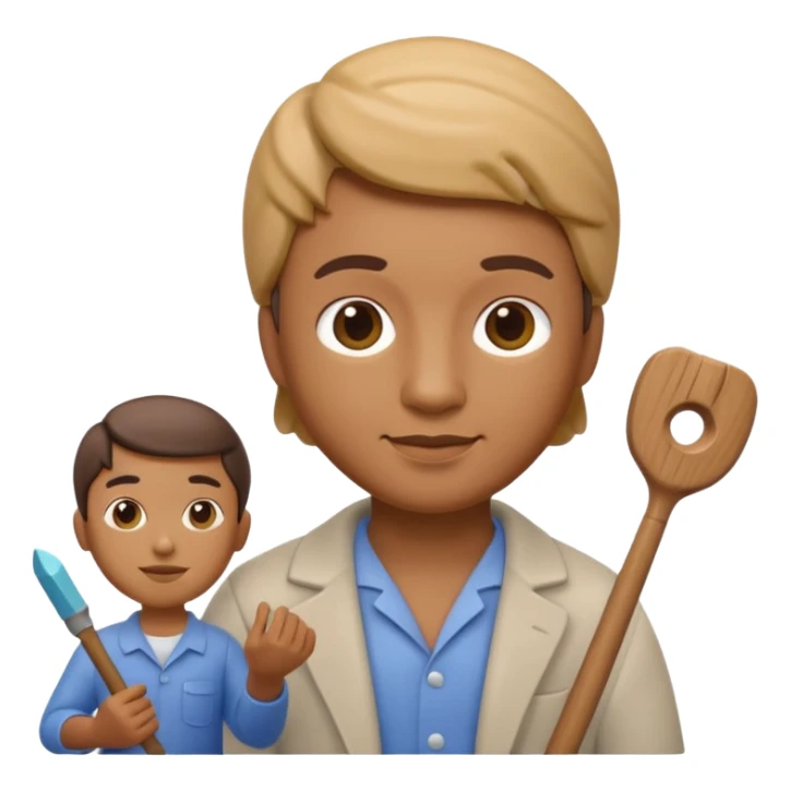 Apple Memoji-style 3D emoji of a sculptor with a small statue and chisel, smooth gradients, rounded edges, no background.during sculpting sticker