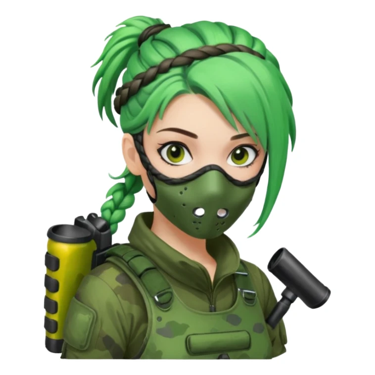 paintball player face girl braided green hair sticker