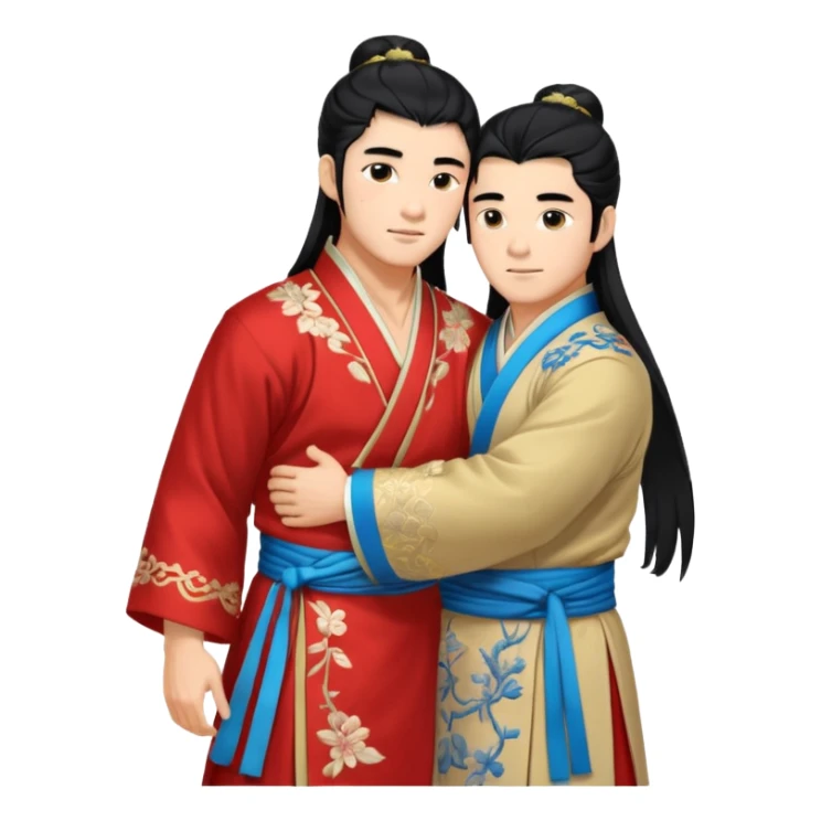 two muscled asian guys hugging in hanfu clothes, long hair sticker