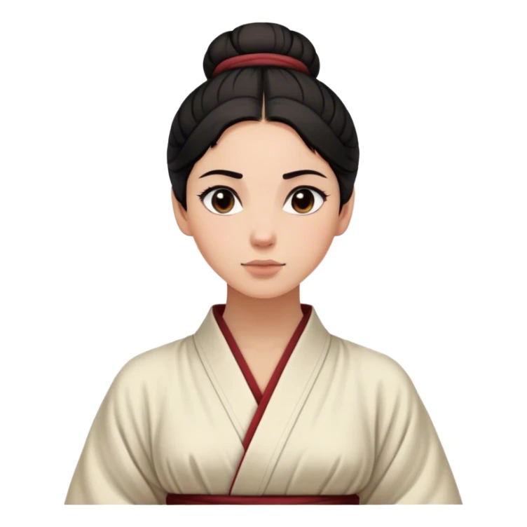 Cinematic Realistic Timeless Mulan Portrait, featuring a serene and confident Mulan with intricately detailed, natural light skin and precisely styled dark hair in a traditional bun. Her expression is calm and assured, and her simple, traditional robe is rendered with realistic textures and delicate, natural folds that catch the light beautifully. The portrait is illuminated by soft, ambient light that creates a natural, radiant finish and subtle glowing outline, perfectly capturing her enduring beauty and quiet strength in a timeless, realistic manner. sticker