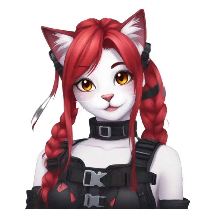 Gorgeous gothic dark techwear anime style anthro cat furry sona with blushing face aesthetic and pretty edgy black red punk messy ponytail hair with collar and harness trending style sticker