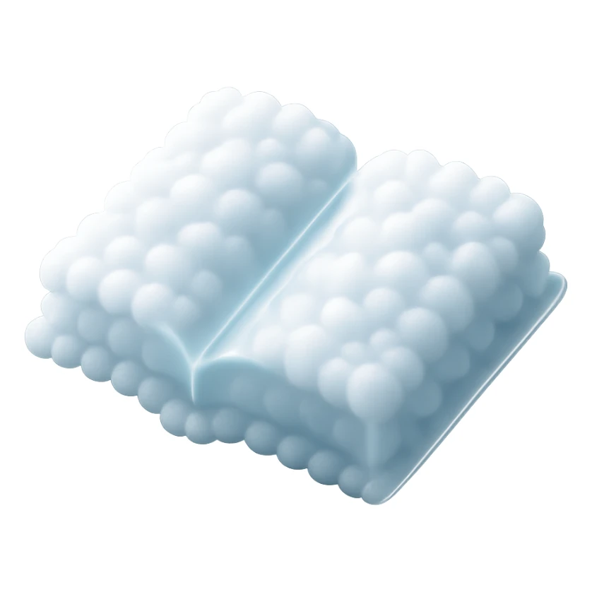 top view of a thick open book made entirely of small, very bright white fluffy convex clouds, matte glass style sticker
