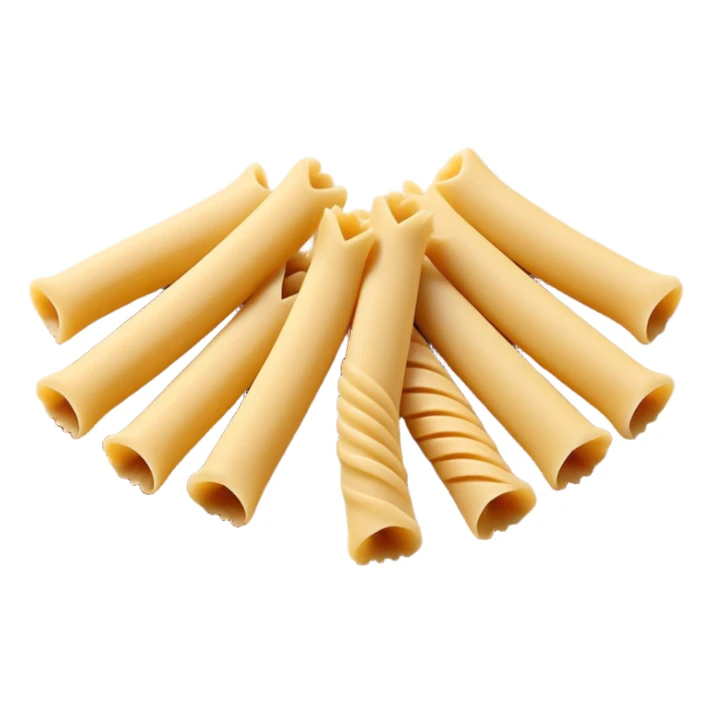 4 pieces of uncooked pasta (penne, fusilli, farfalle), arranged cleanly, smooth matte surface, golden beige, dry and slightly curved, 3D-rendered, minimal, no faces sticker