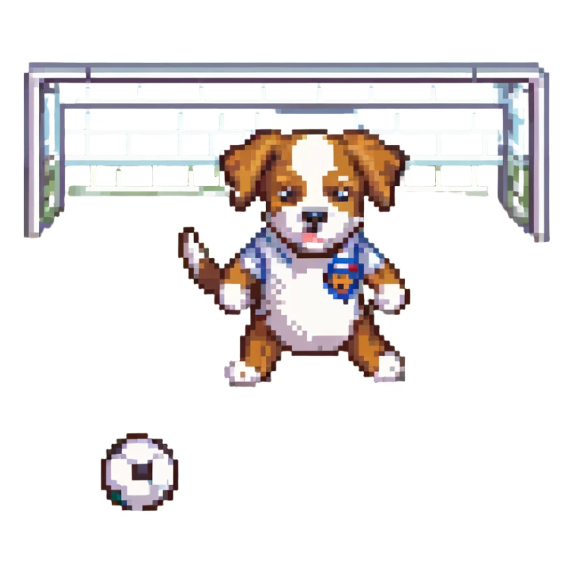 a dog playing soccer, pixel art style sticker