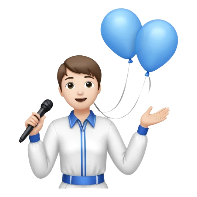 Stud singing 1,2,3 release em with white and blue balloons flying overhead emoji like with mic in hand  sticker