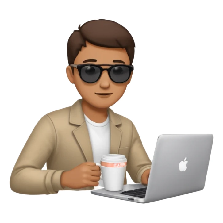 man wearing sunglasses holding a coffee cup and working on a laptop sticker