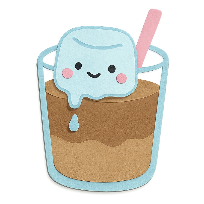 melting ice cube character in coffee drink, kawaii pastel hand-drawn style sticker