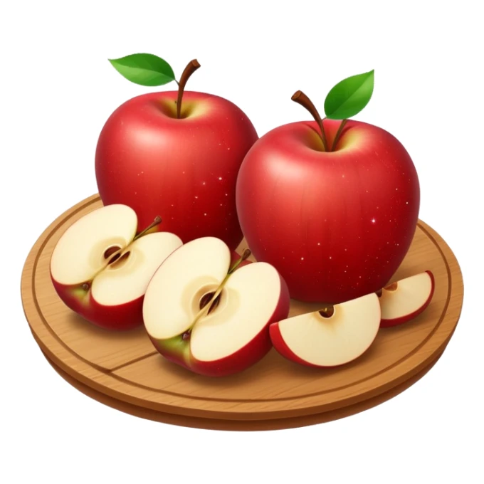 A round wooden board on which there are three whole apples and one apple, cut into two halves and several slices, with sparkles sticker