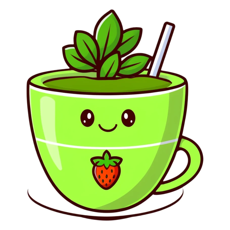 cute cartoon strawberry green tea in a cup with a smiling face sticker