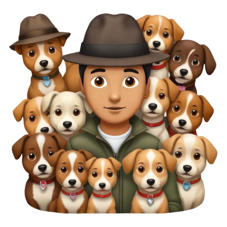 A man with 10 dogs with hats on sticker