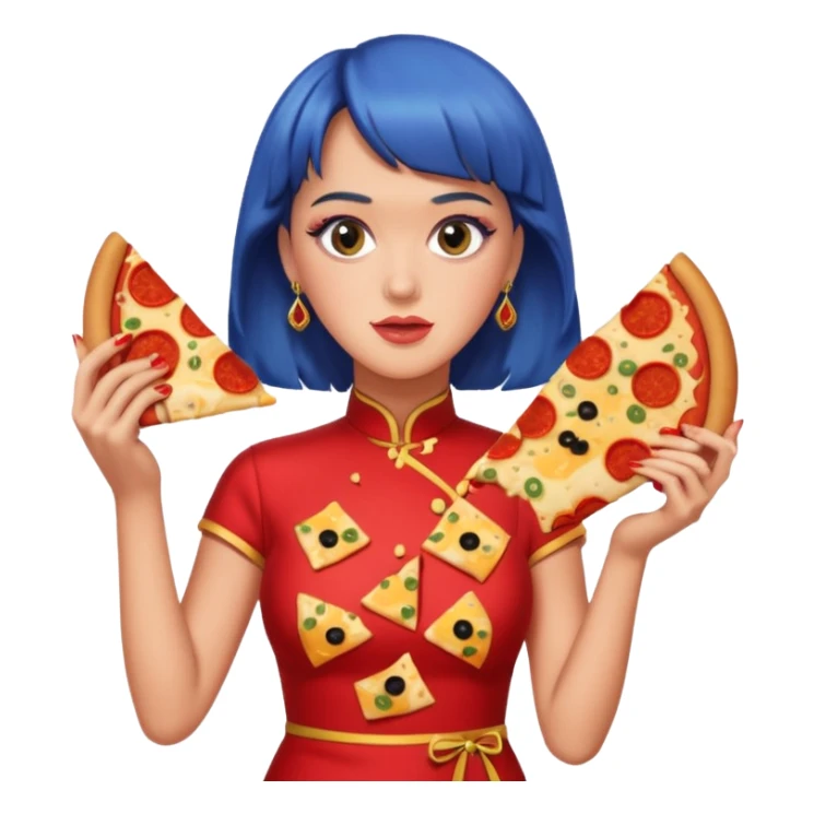 Katy Perry, wearing cheongsam, with pizza sticker