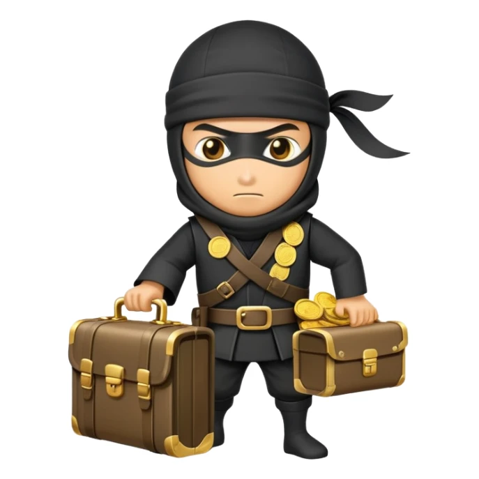 Sneaky ninja character with a treasure briefcase of gold coins and bills sticker