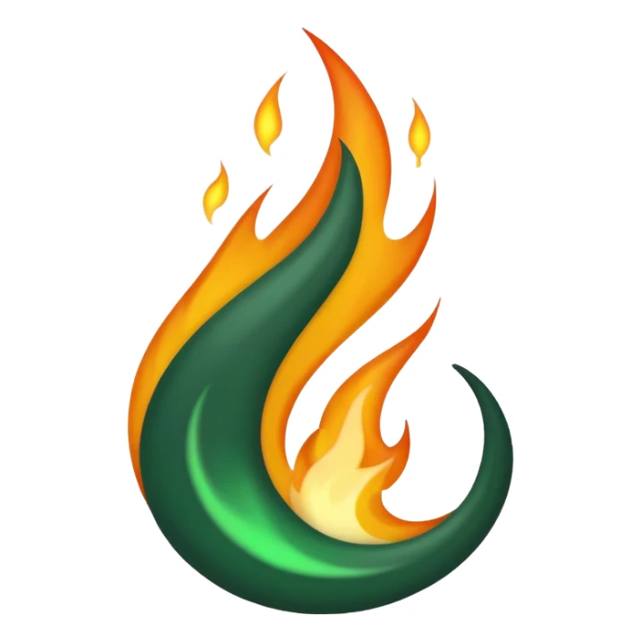 dark green and white flame, abstract flame shape, emoji style, transparent background sticker