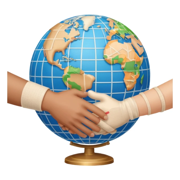 instead of two hands holding a globe, we have two hands handshaking in front of a globe. And in the background, we can see that the globe has a bandage or something. THE GLOBE HAS THE BANDAGE NOT THE HANDS sticker