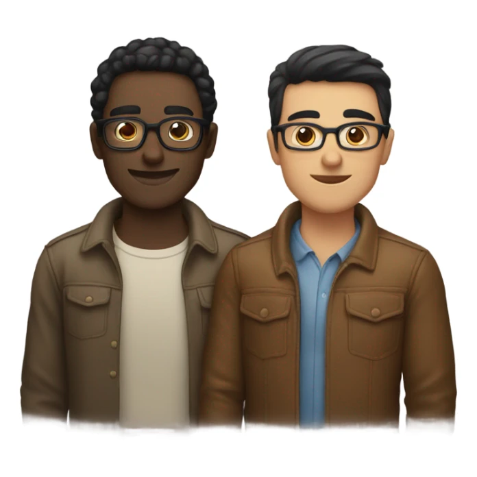 Two men hugging, one white with black hair, one brown with hlasses sticker