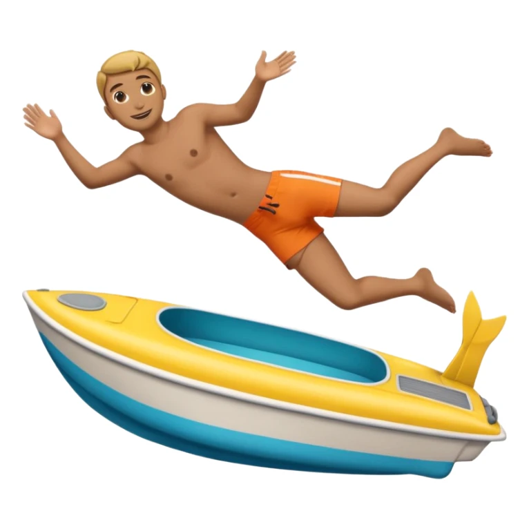 Emoji-style side view of boat with person diving off, rounded cute features, soft shading, colorful, PNG cutout sticker