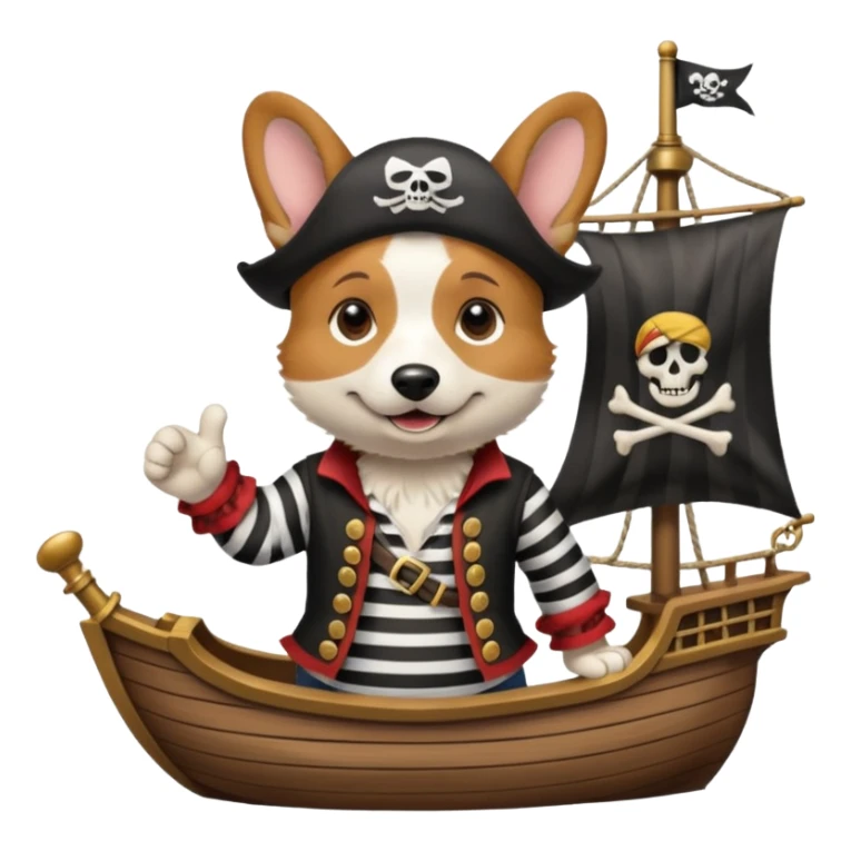 cute pirate corgi with a hook paw and striped shirt, on a pirate ship deck sticker