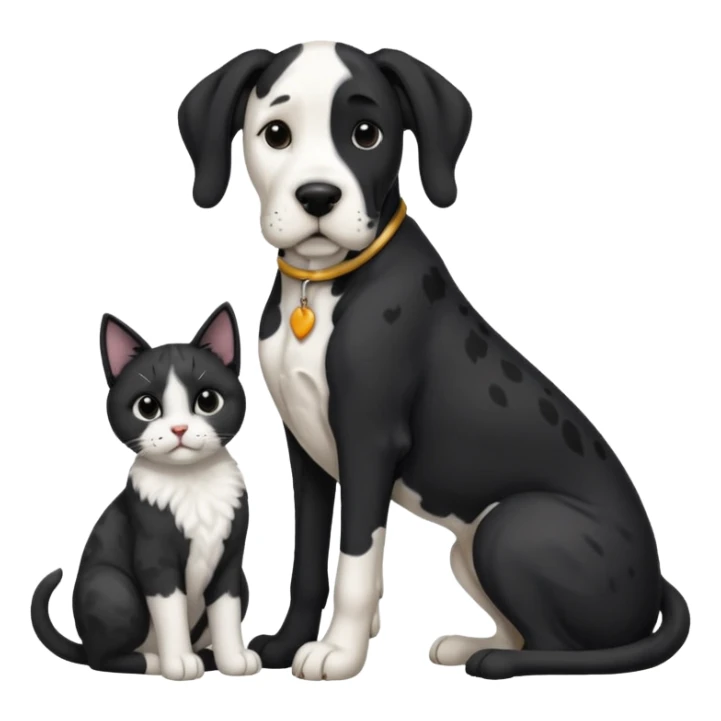 Large Black and white great dane dog sitting with a small black and white cat sticker