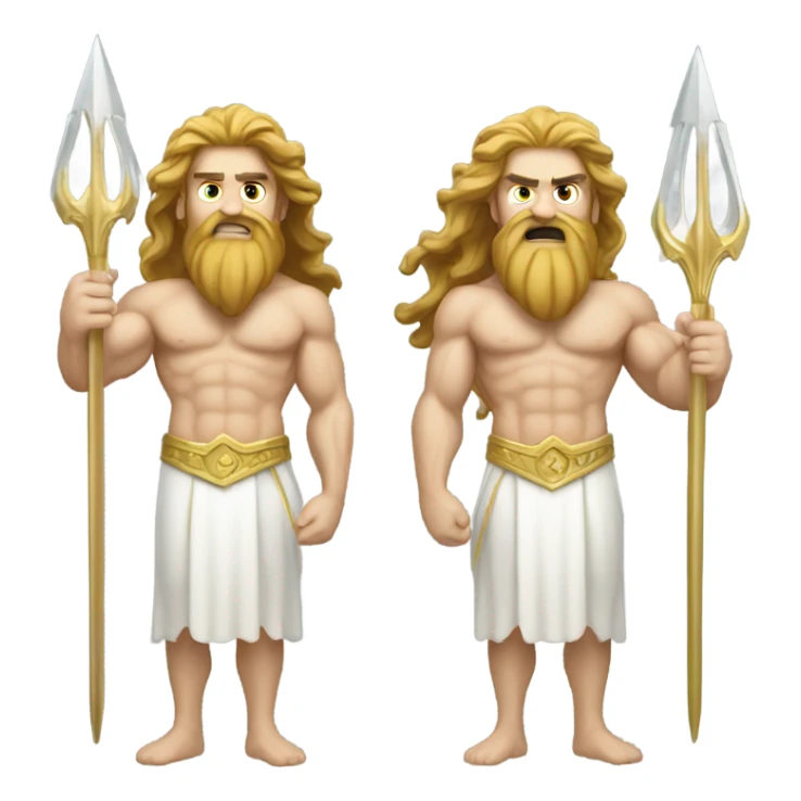 white Poseidon with gold Trident. long hair white dress. show biceps sticker