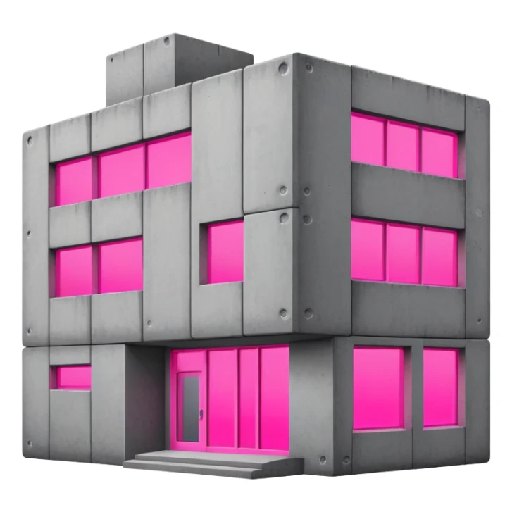 brutalist gray concrete block building with one neon pink window sticker