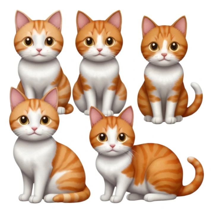 six cats of different colours: 1 small ginger and white, 1 small brown tabby and white, 1 small grey and white, 1 big grey and white, 1 mostly grey with white paws and small white patch on chest and 1 calico sticker