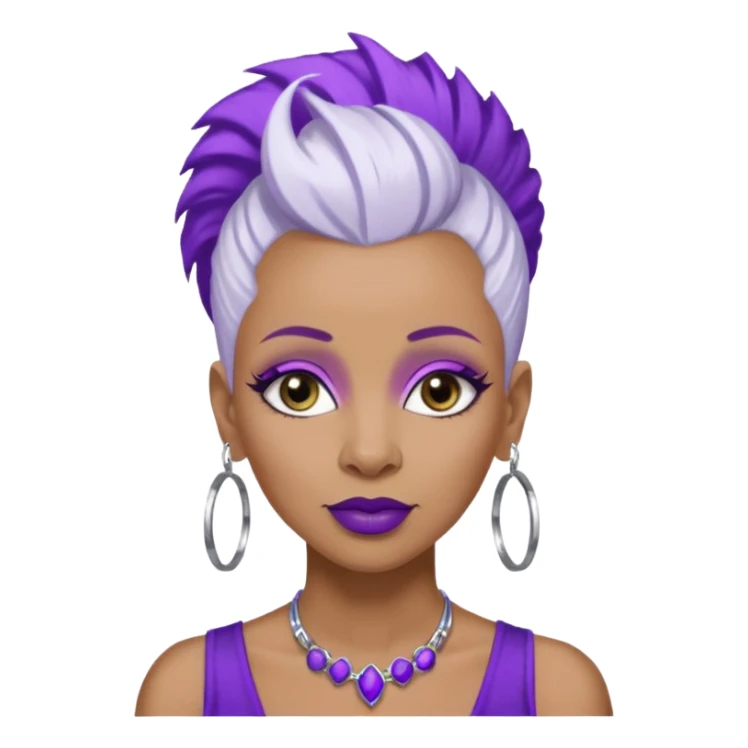 57 years young,  brown skinned Black queen with a  no hair on side and a  white mohawk hairstyle, purple lipstick,  purple eyeshadow,  droopy looking  eyes, hoop  design 
 earrings with the name Draya personalized on them.  sticker