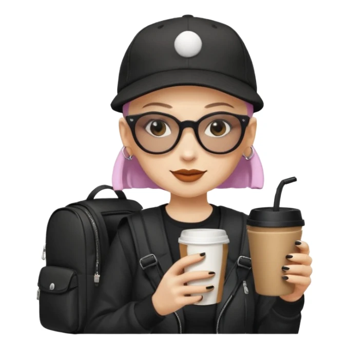 ["A happy woman with light skin, bald, wearing a baseball cap and sunglasses, dressed in goth fashion, is drinking coffee while holding a backpack."] sticker