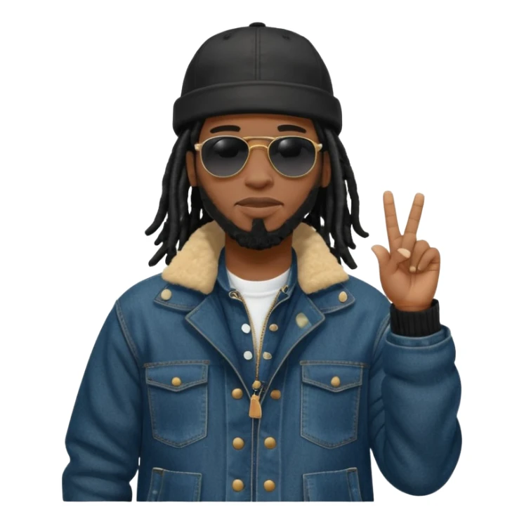 African American man with shoulder length black dreadlocks wearing black sunglasses with black bubble winter coat wearing a New York Yankees baseball hat wearing denim skinny jeans and timberland boots with finger pointing to his head sticker