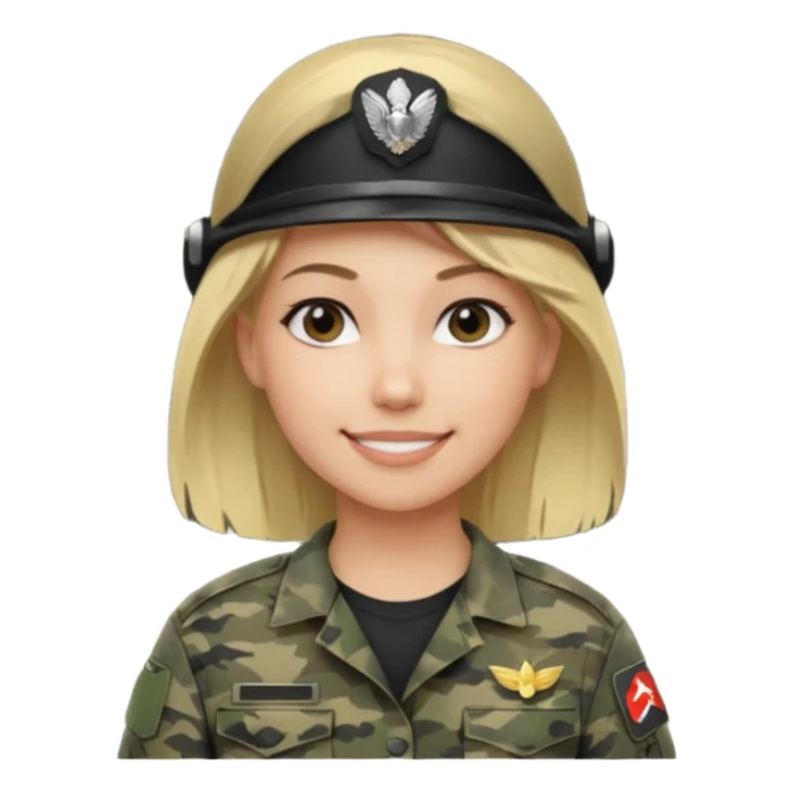 Apple-style emoji: female soldier, bust, no cap/helmet, friendly smile, generic camo top,  black color blonde hair sticker