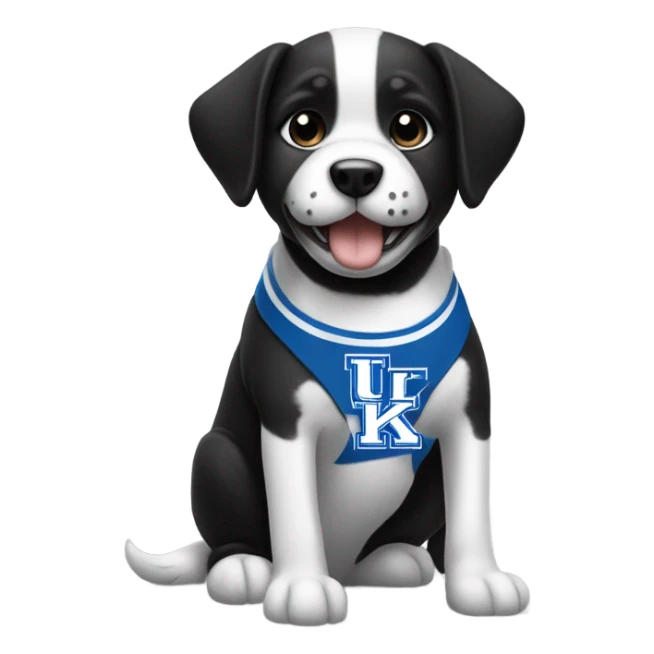 Black and white dog wearing university of Kentucky top sticker