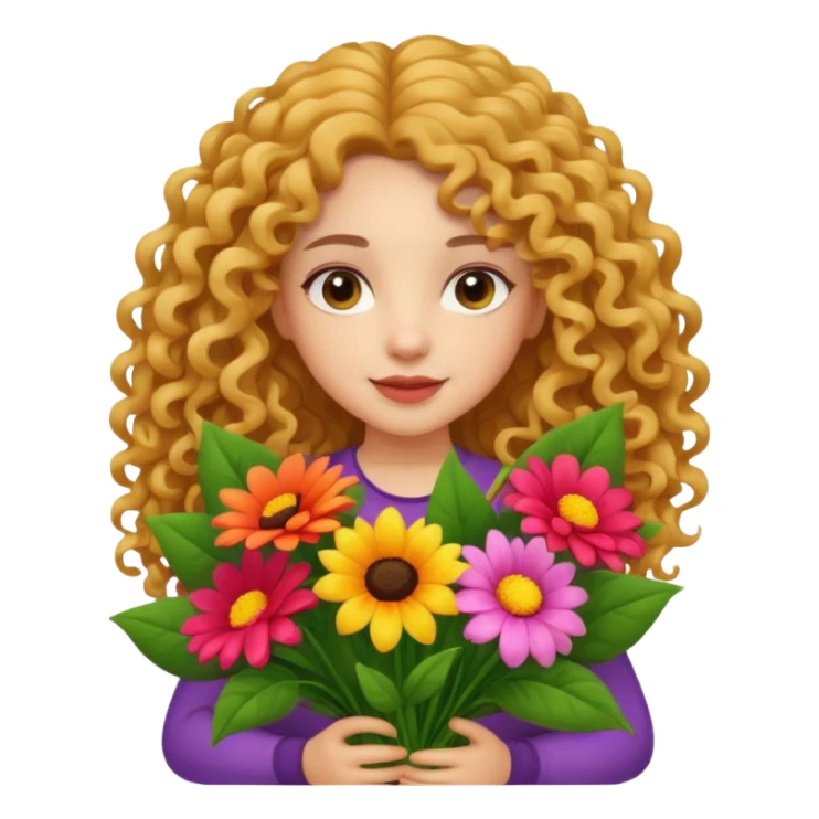 light skinned long curly haired girl holding big bright bunch of flowers. White background. sticker