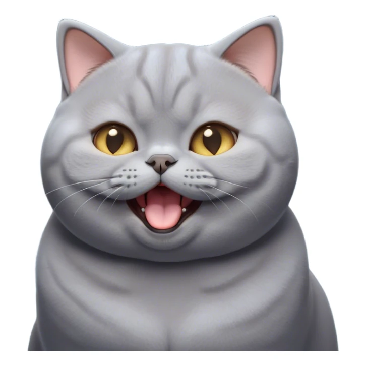 Cinematic Cute Chubby Grey British Shorthair Cat Portrait Emoji, Head tilted playfully and yawning, round and plump body with sleek soft grey fur and subtle blue undertones, Simplified yet adorable features, highly detailed, glowing with a warm, friendly glow, high shine, curious yet calm, stylized with a touch of whimsy, bright and endearing, soft glowing outline, capturing the essence of a mischievous yet loving and lazy kitty, so cute it feels like it could stretch out of the screen and cuddle! sticker