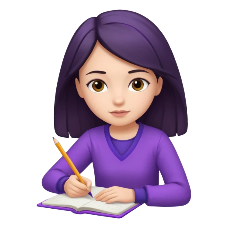 girl sitting, writing in a notebook, dark hair, dressed in purple clothes sticker