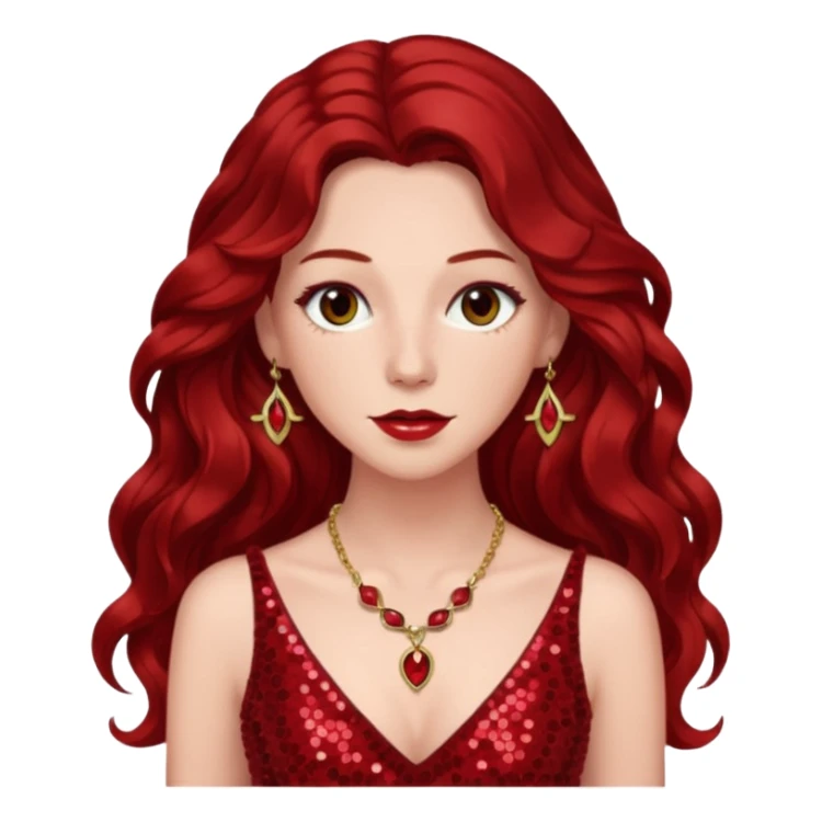 Chappell Roan, Pop Singer (b.1998) with long dark red wavy hair, red sequin dress and necklace sticker