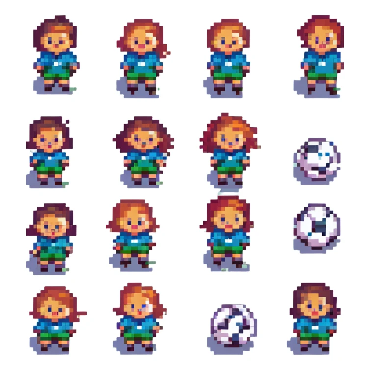 children playing soccer, joyful expressions, pixel art style sticker