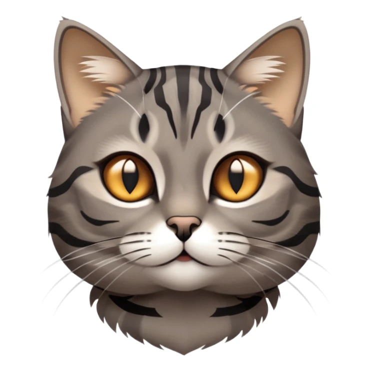 cinematic-cute-grey-and-black-brown-tabby-cat-portrait-emoji,-head-tilted-playfully-and-inquisitively,-sleek-grey-brown-fur-with-bold-black-tabby-stripes-and-a-distinctive-m-shaped-marking-on-the-forehead,-sparkling-amber-eyes,-simplified sticker