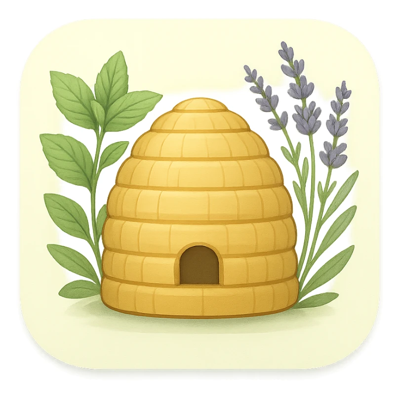 macOS app icon for a herbal therapy CRM, showing a beehive surrounded by fresh herbs like mint and lavender, soft green and golden tones, modern and clean style, no text sticker