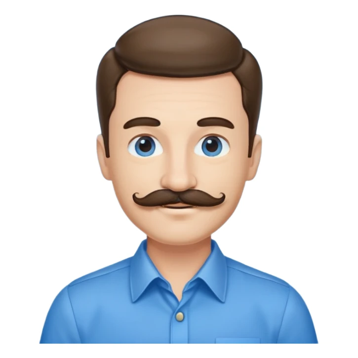 Business owner, well dressed, blue shirt, mustache, happy sticker