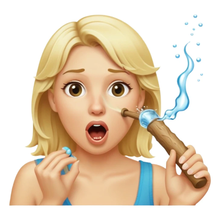 blond woman biting a wide stick with a D-shaped knob, both same color as her skin, knob with visible skin texture, water jet shooting from flat side of knob into her mouth, surprised look sticker