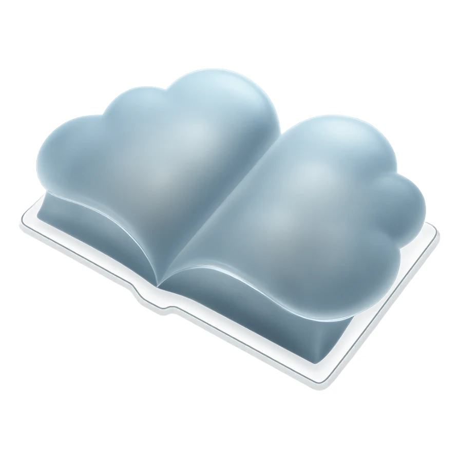 top view of open book, each page is a convex white cloud, matte glass style sticker