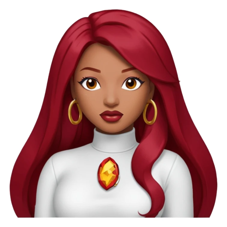 Megan Thee Stallion with long dark red hair, white outfit sticker