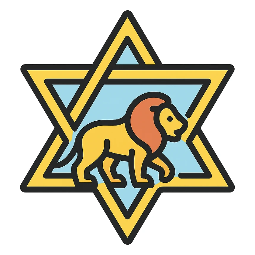 Star of David with a lion inside, lineal color icon with black outlines sticker