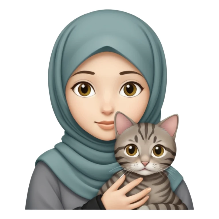 White girl wearing  hijab holding a black grey tabby cat sticker