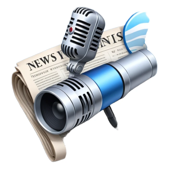 An icon featuring a microphone, a newspaper, a reporter’s camera, and soundwaves, representing journalism and mass media. The design includes headlines and imagery, symbolizing the spread of news and information. Transparent background highlights the power of communication and media. sticker