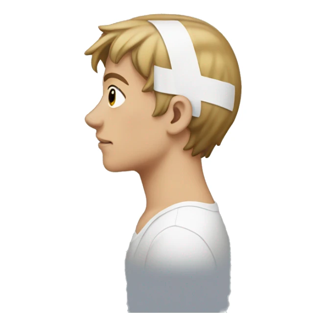 A side profile of a young man with a white bandaid all over their ear sticker