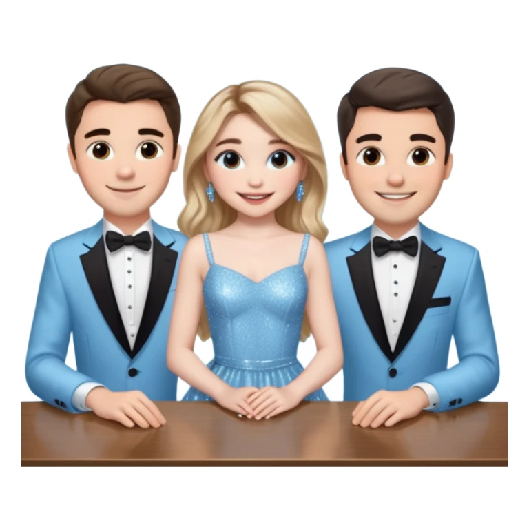 Sabrina carpenter in a light blue sparkly dress at a table with 3 handsome men, and she is standing up reaching over  sticker