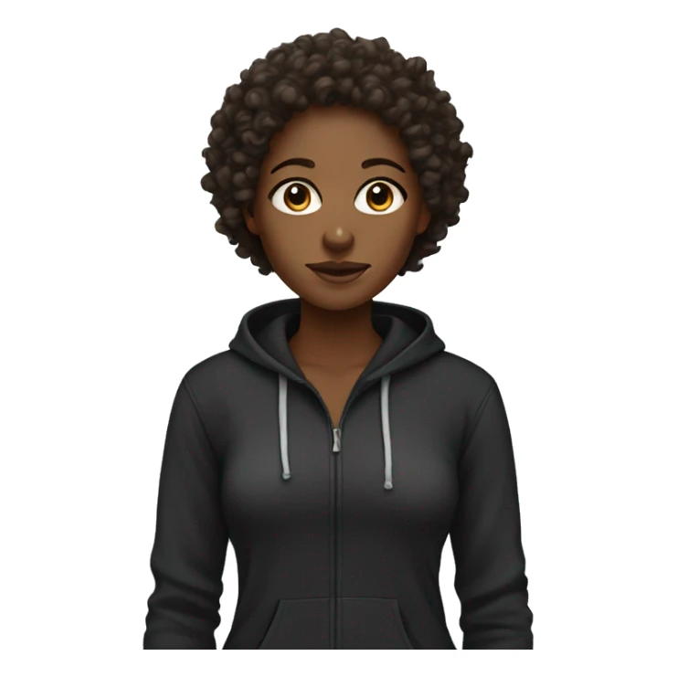 curly headed black woman with brown eyes and a black hoodie sticker