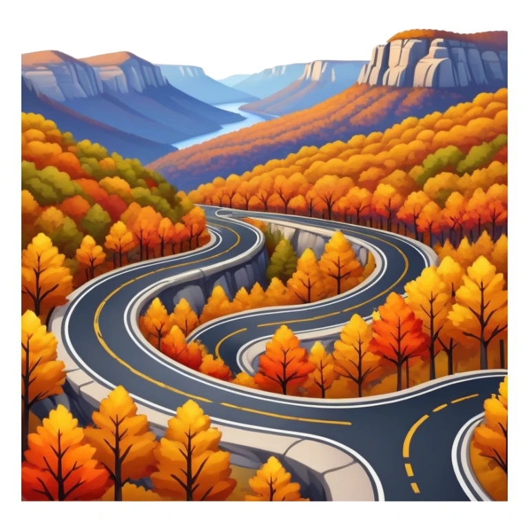 A winding asphalt road through the blue mountains and autumn colored trees sticker